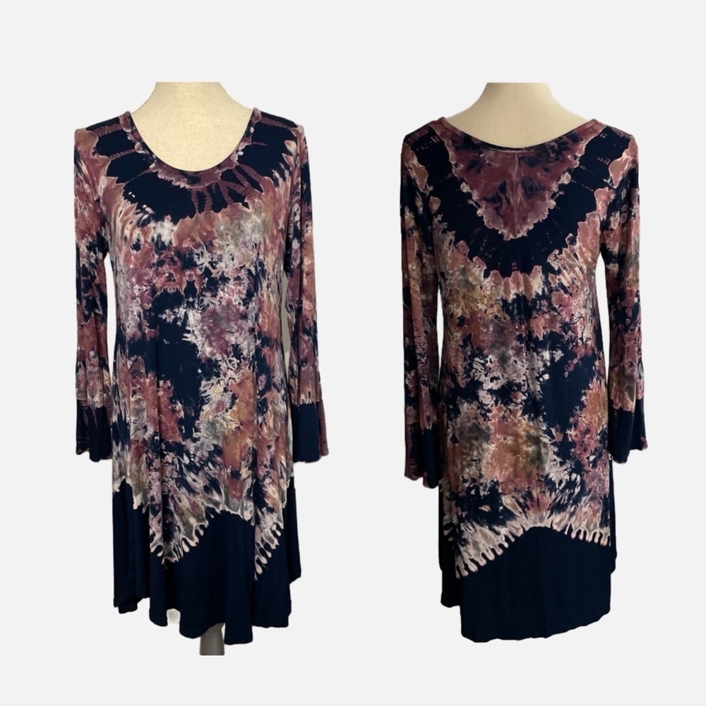 India Boutique Dress Tie Dye Long Sleeve T Shirt One Size Blue Purple Bohemian